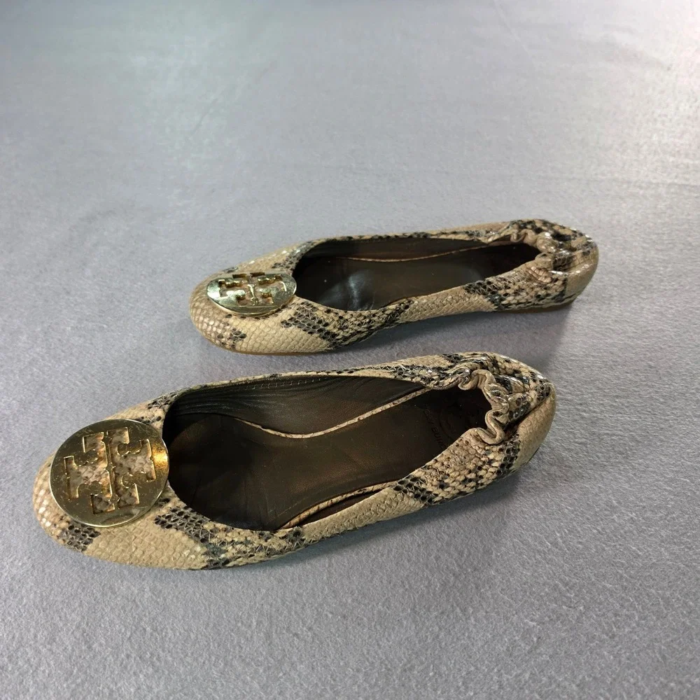 Tory Burch Reva Snakeskin Embossed Leather Ballet Flats Gold Logo Medallion